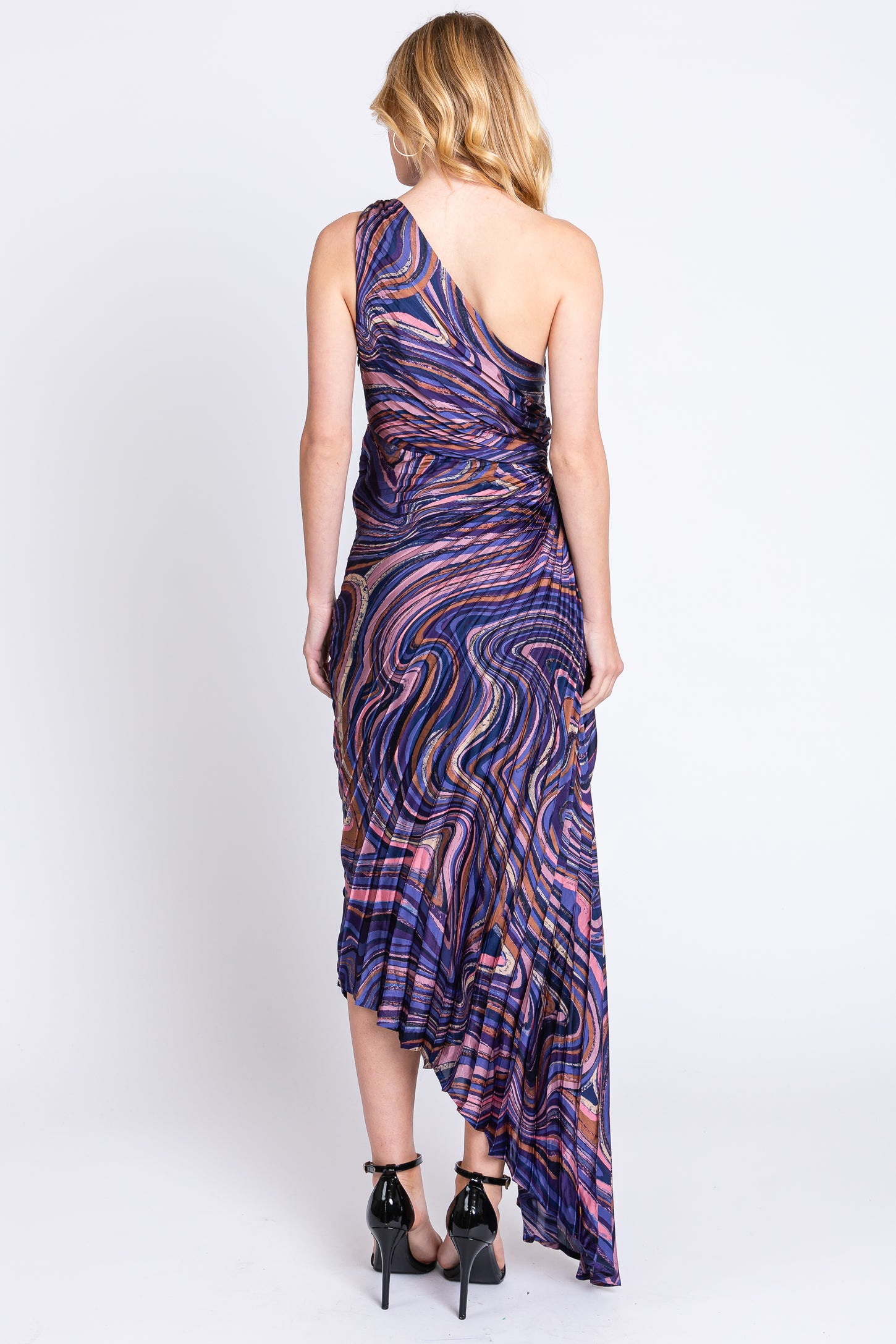 purple swirl dress Purple Swirl Pleated One Shoulder Maxi Dress