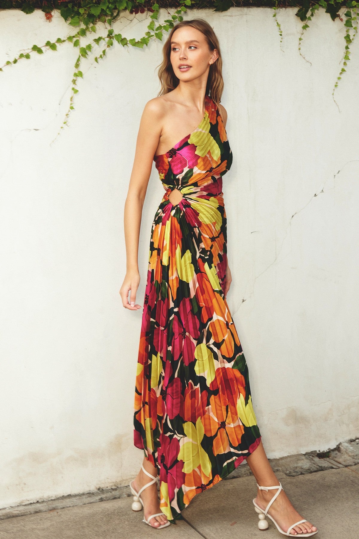 Fuchsia Floral Satin Pleated One Shoulder Asymmetrical Midi Dress Fuchsia Floral Satin Pleated One Shoulder Asymmetrical Midi Dress