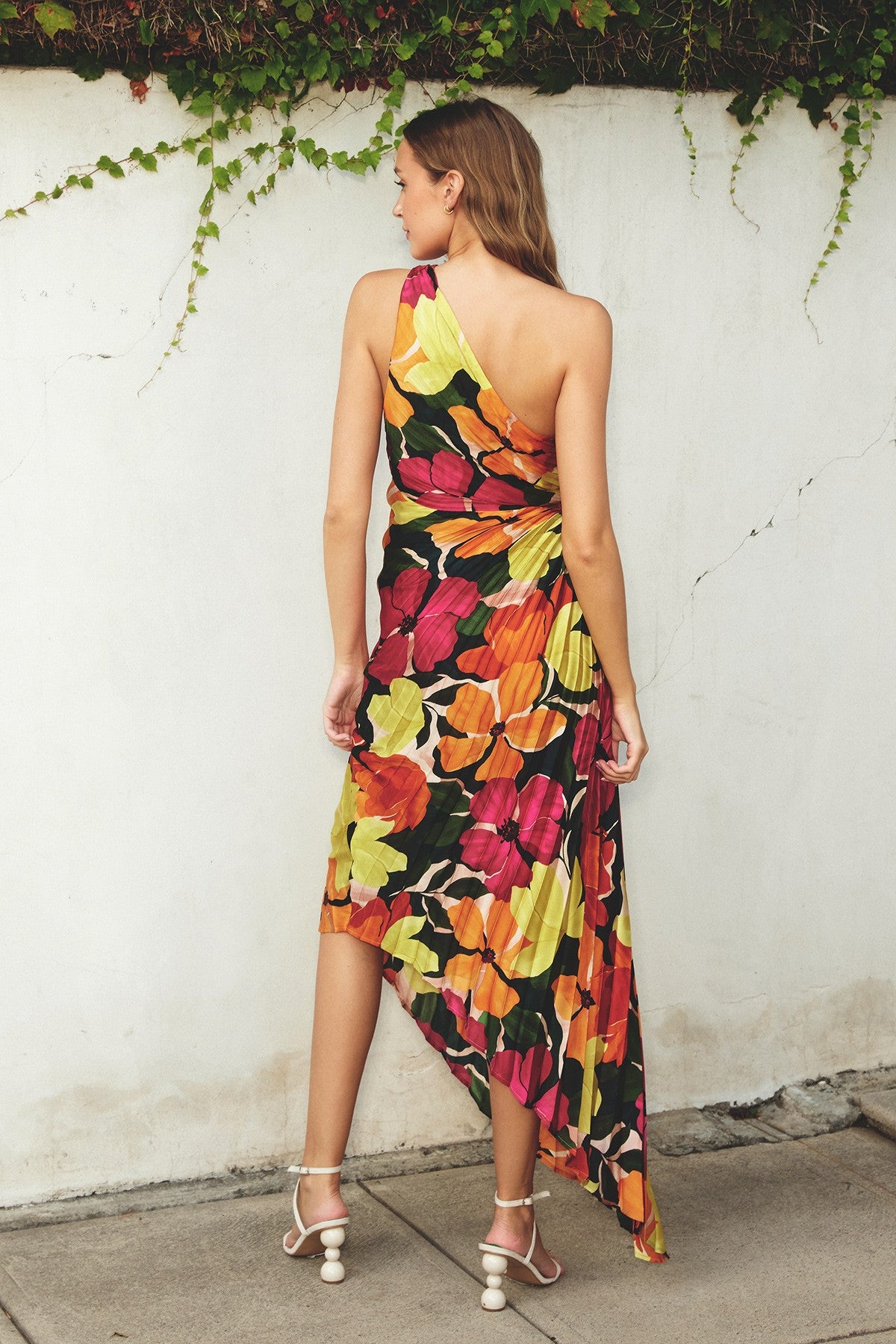 Fuchsia Floral Satin Pleated One Shoulder Asymmetrical Midi Dress PinkBlush Fuchsia Floral Satin Pleated One Shoulder Asymmetrical Midi Dress PinkBlush