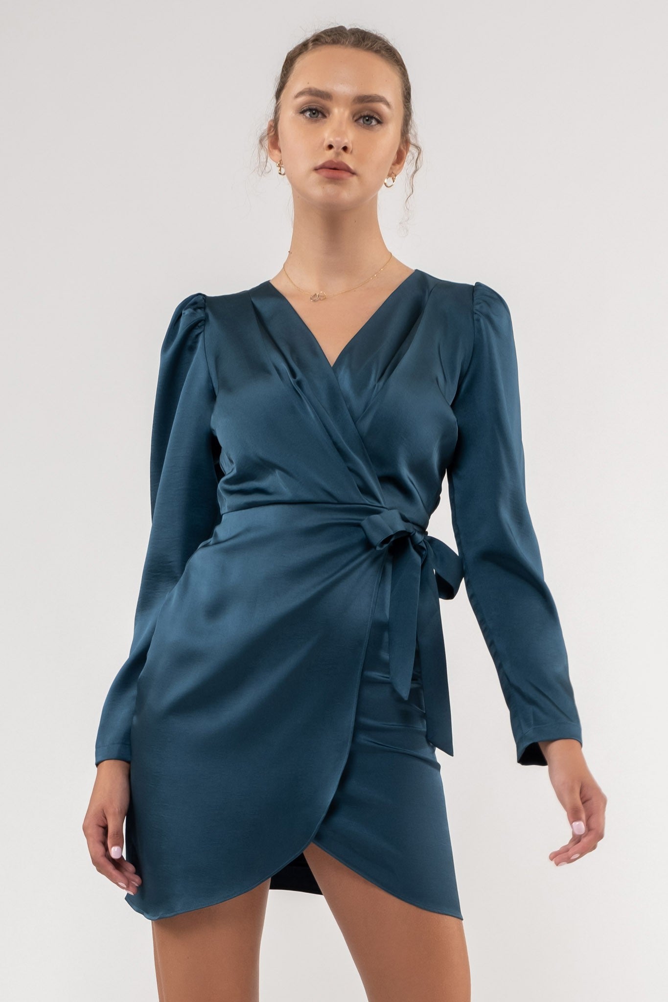 Dark Teal Solid Satin Surplice Wrap Mini Dress PinkBlush Dark Teal Solid Satin Surplice Wrap Mini Dress PinkBlush