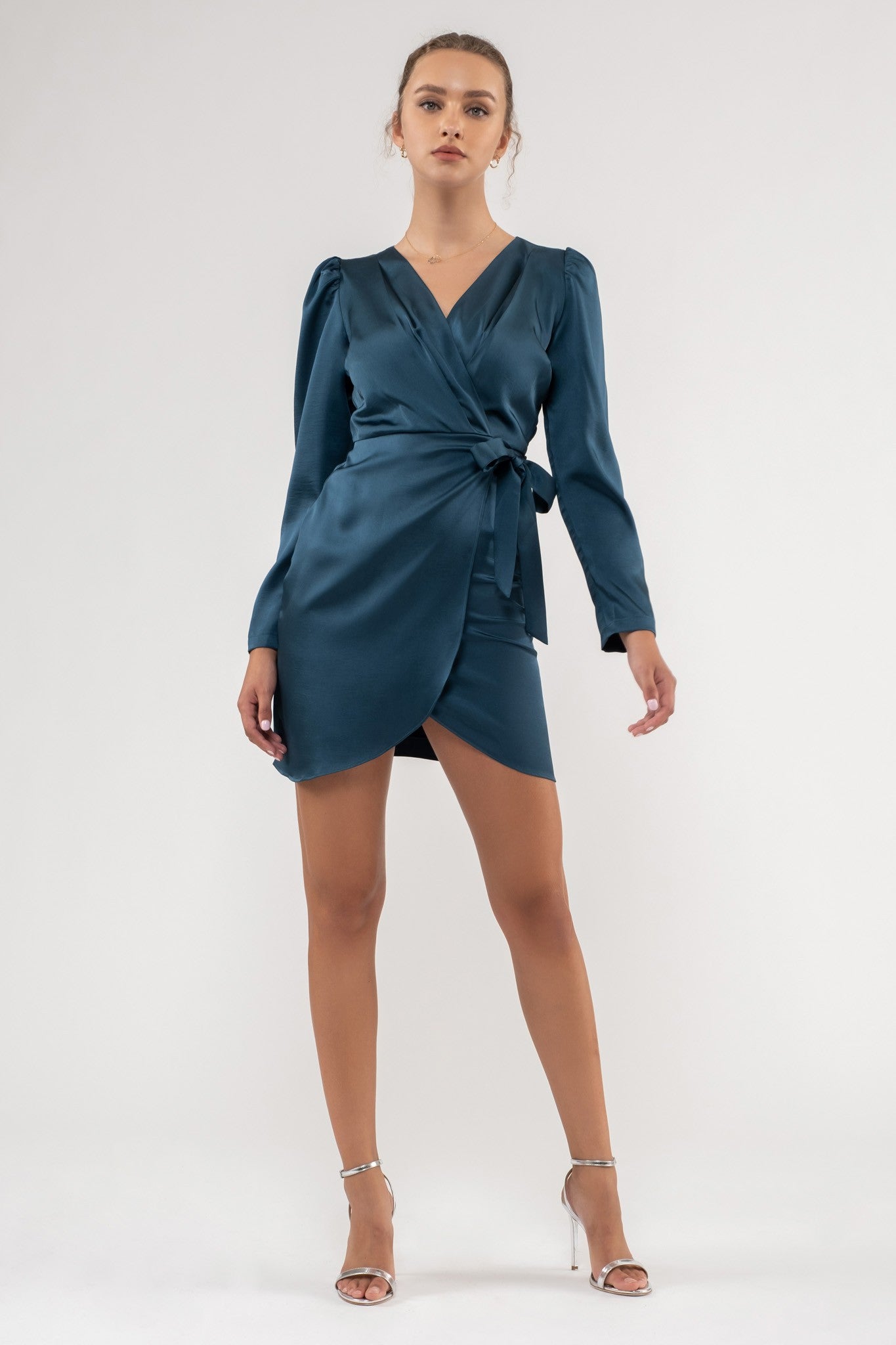 Dark Teal Solid Satin Surplice Wrap Mini Dress PinkBlush Dark Teal Solid Satin Surplice Wrap Mini Dress PinkBlush
