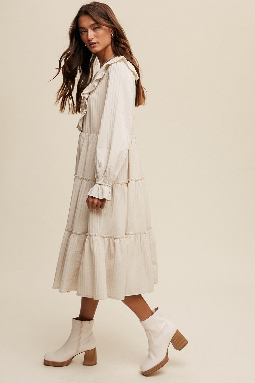 champagne midi dress long sleeve Champagne Surplice Belted Long Sleeve Midi Dress PinkBlush