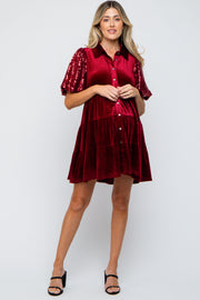 Burgundy Velvet Tiered Sequin Short Sleeve Maternity Dress