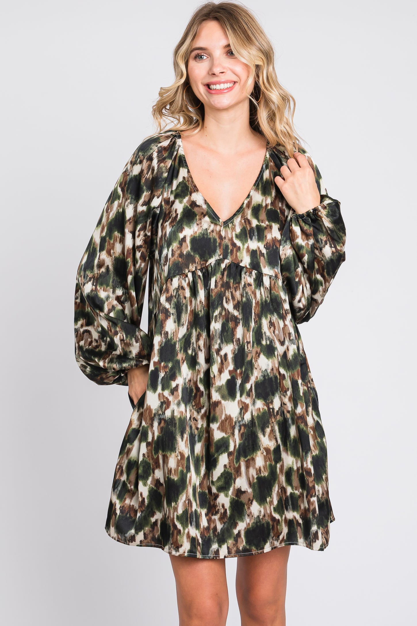 Olive Printed Long Sleeve Maternity Dress