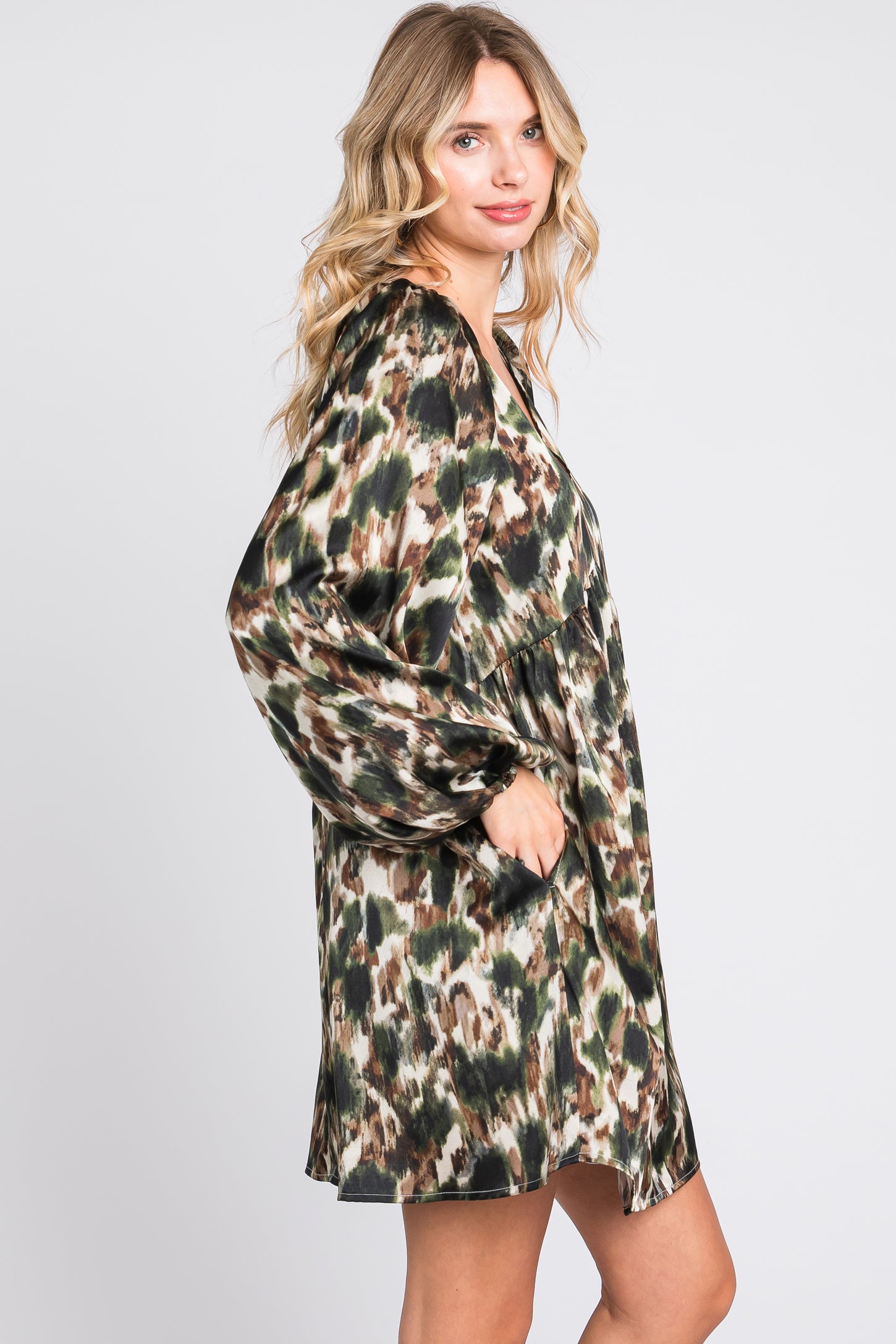 Olive Printed Long Sleeve Dress