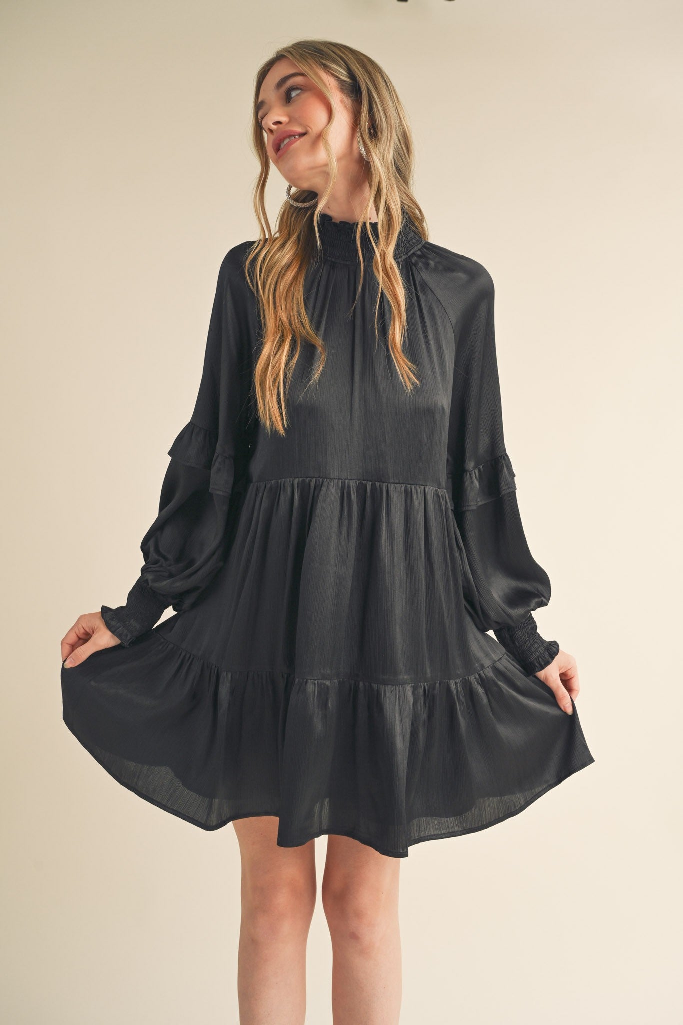 Black Mock Neck Tiered Mini Dress – PinkBlush