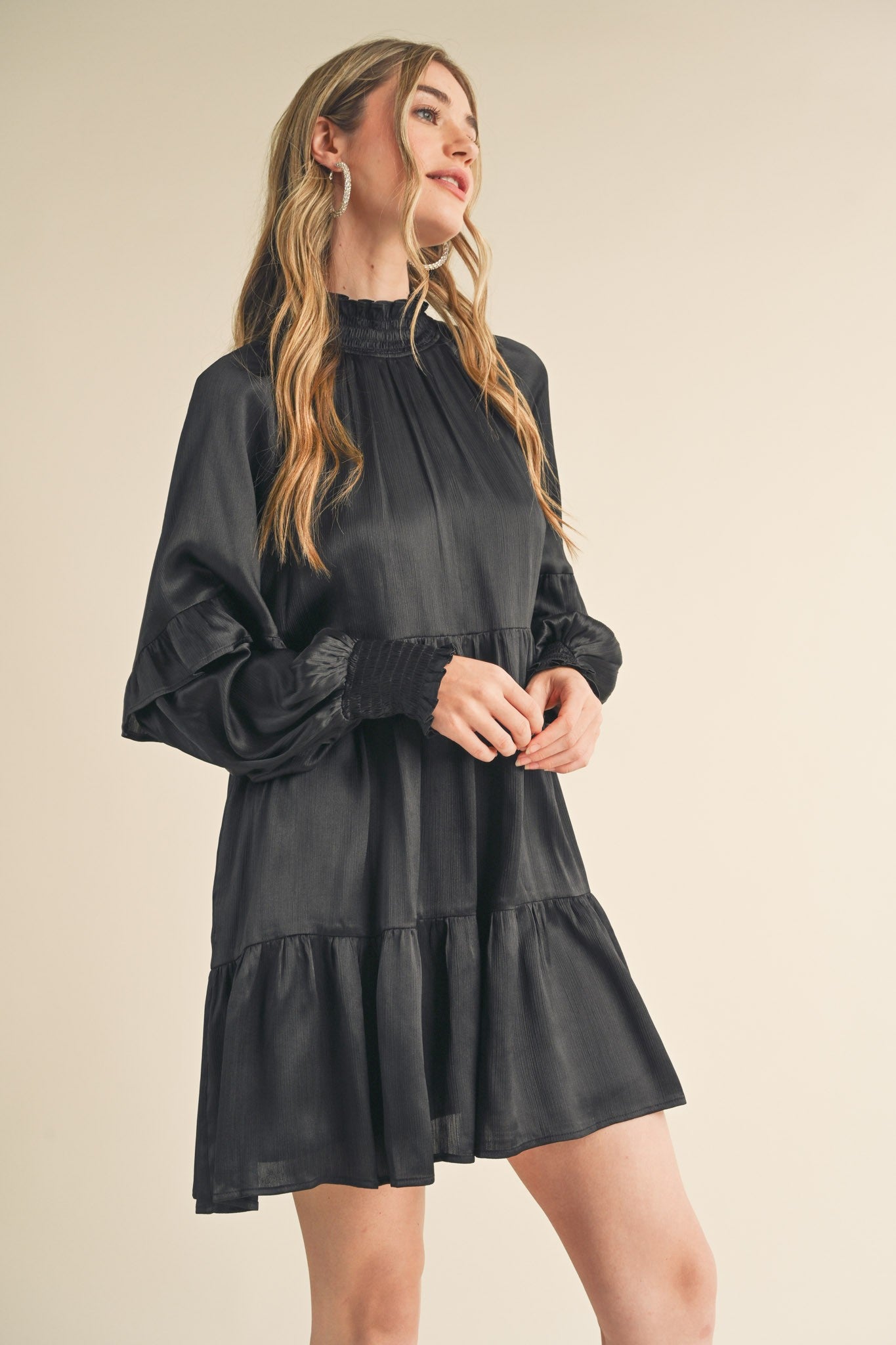 Black Mock Neck Tiered Mini Dress PinkBlush Black Mock Neck Tiered Mini Dress PinkBlush
