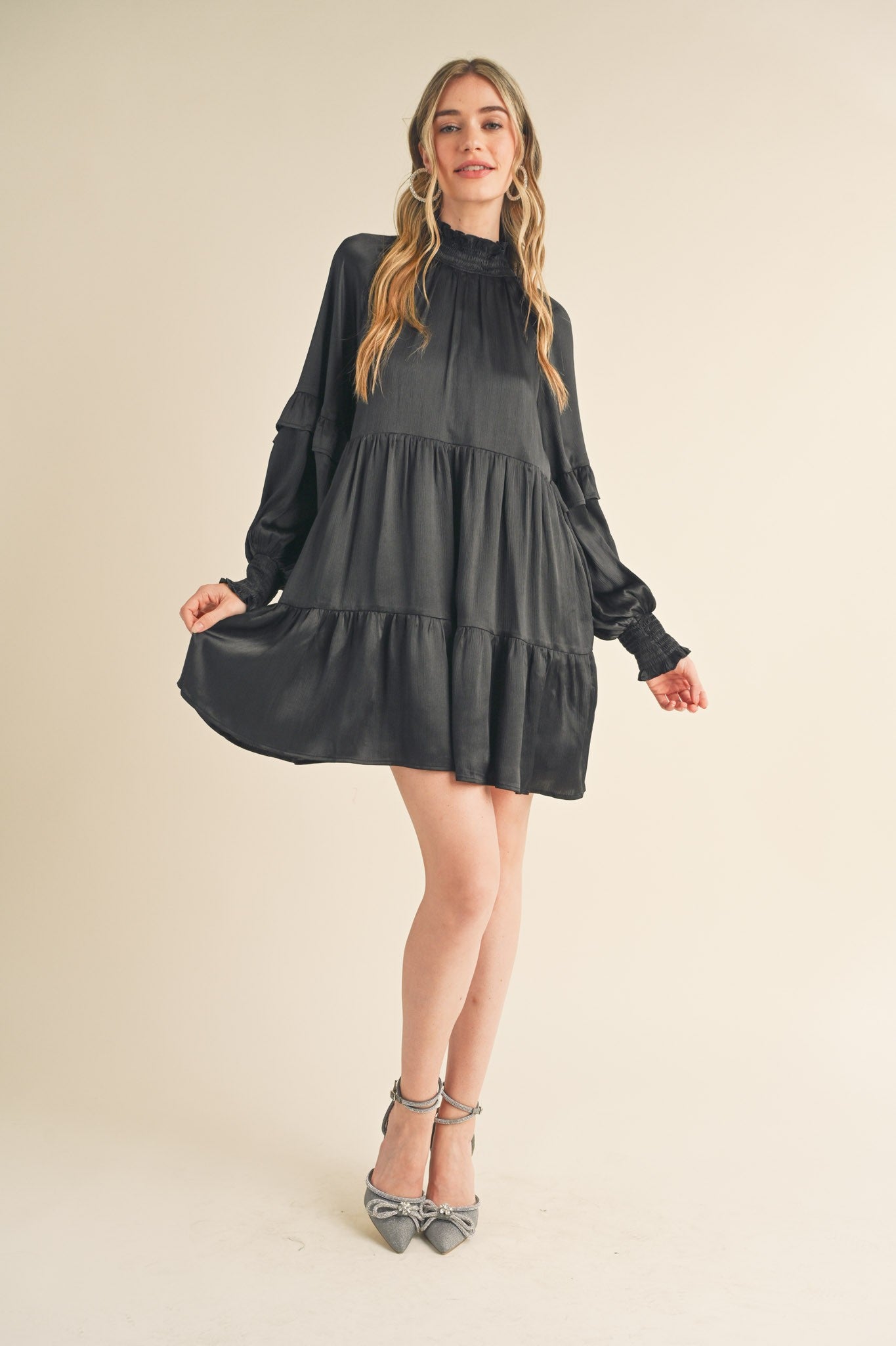 Black Mock Neck Tiered Mini Dress Black Mock Neck Tiered Mini Dress