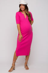 Fuchsia Ribbed Knit Maternity Midi Dress