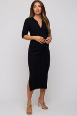 Black Ribbed Knit Maternity Midi Dress