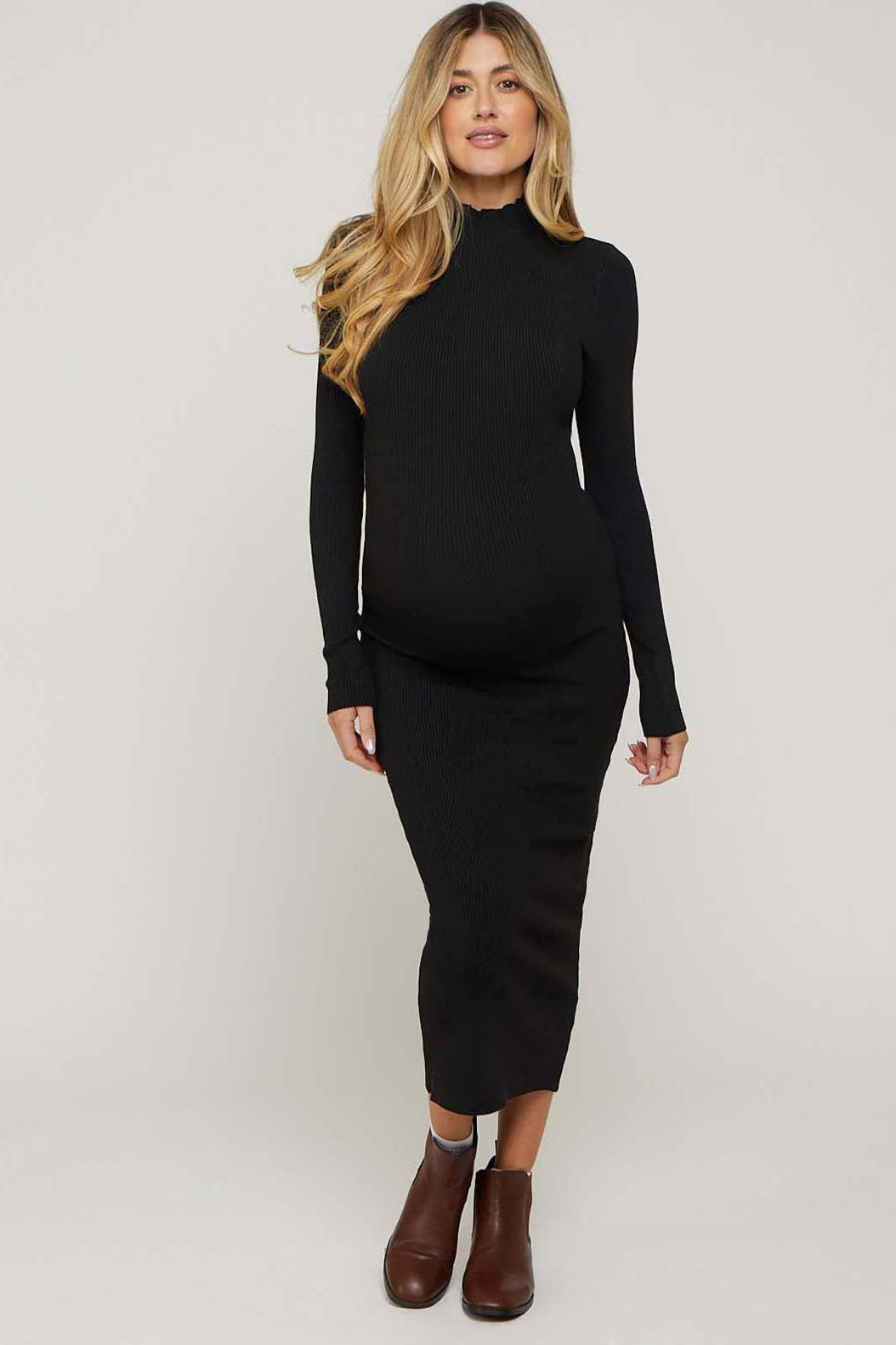 Black Mock Neck Long Sleeve Maternity Midi Dress PinkBlush Black Mock Neck Long Sleeve Maternity Midi Dress PinkBlush