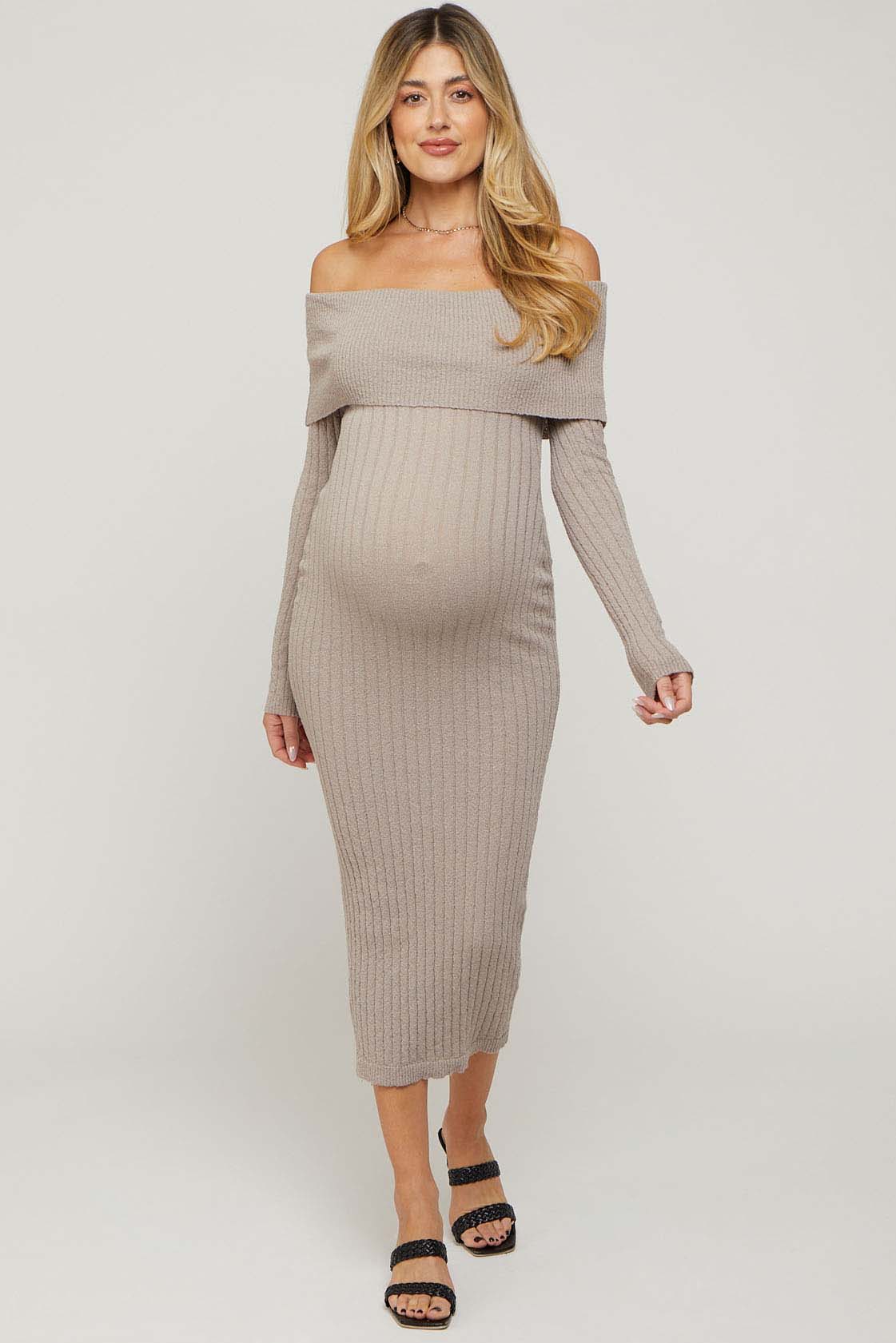 Taupe Ribbed Maternity Knit Maxi Dress– PinkBlush