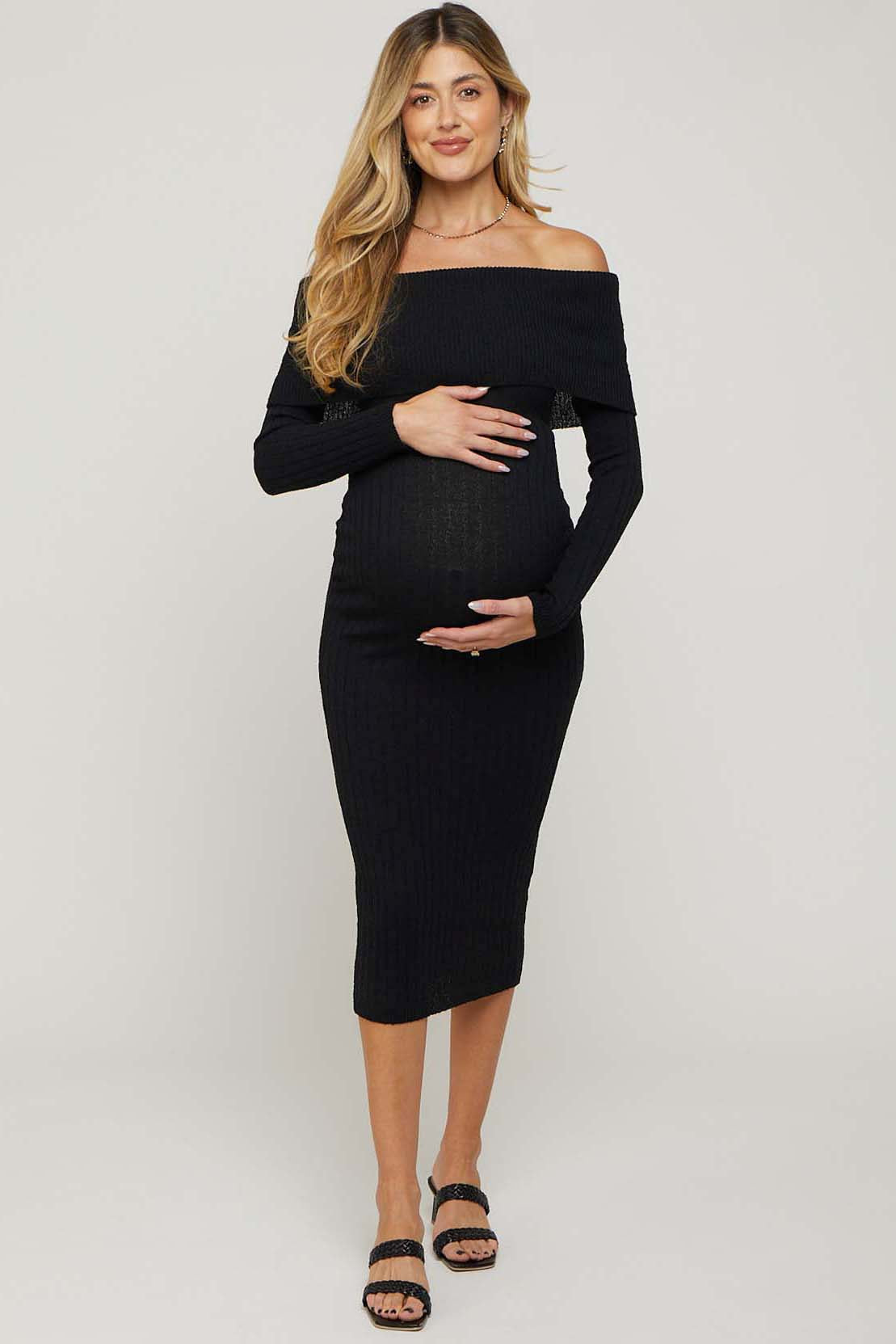 Black Rib Knit Off Shoulder Maternity Maxi Dress – PinkBlush