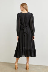 Black Twisted Front Long Sleeve Ruffle Hem Midi Dress