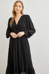 Black Twisted Front Long Sleeve Ruffle Hem Midi Dress