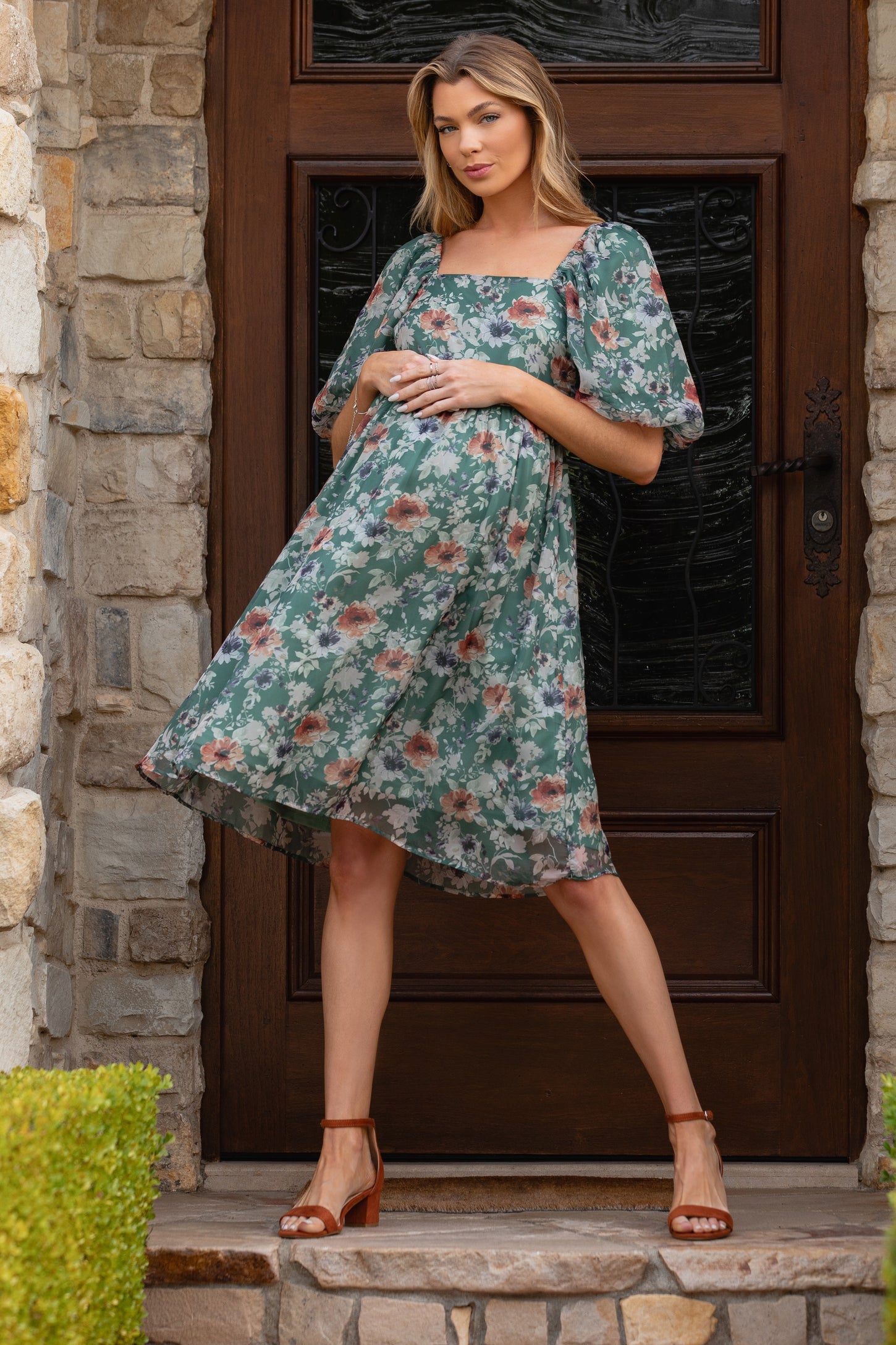 Green Floral Puff Sleeve Maternity Dress