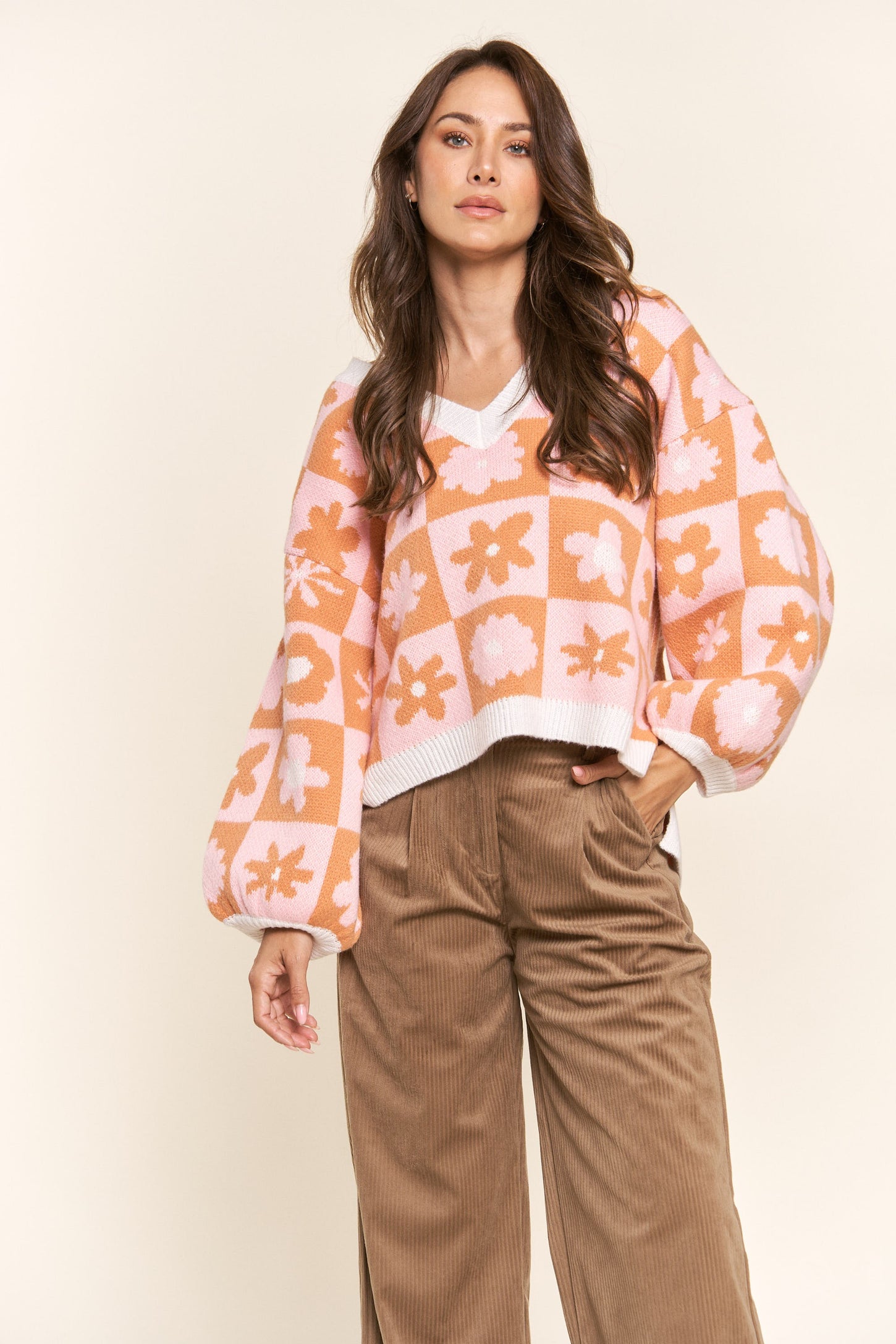 Pink Orange Blossom Checkered Floral V Neck Sweater– PinkBlush