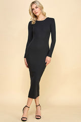 Black Ribbed Fitted Long Sleeve Maternity Midi Dress