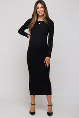 Black Ribbed Fitted Long Sleeve Maternity Midi Dress