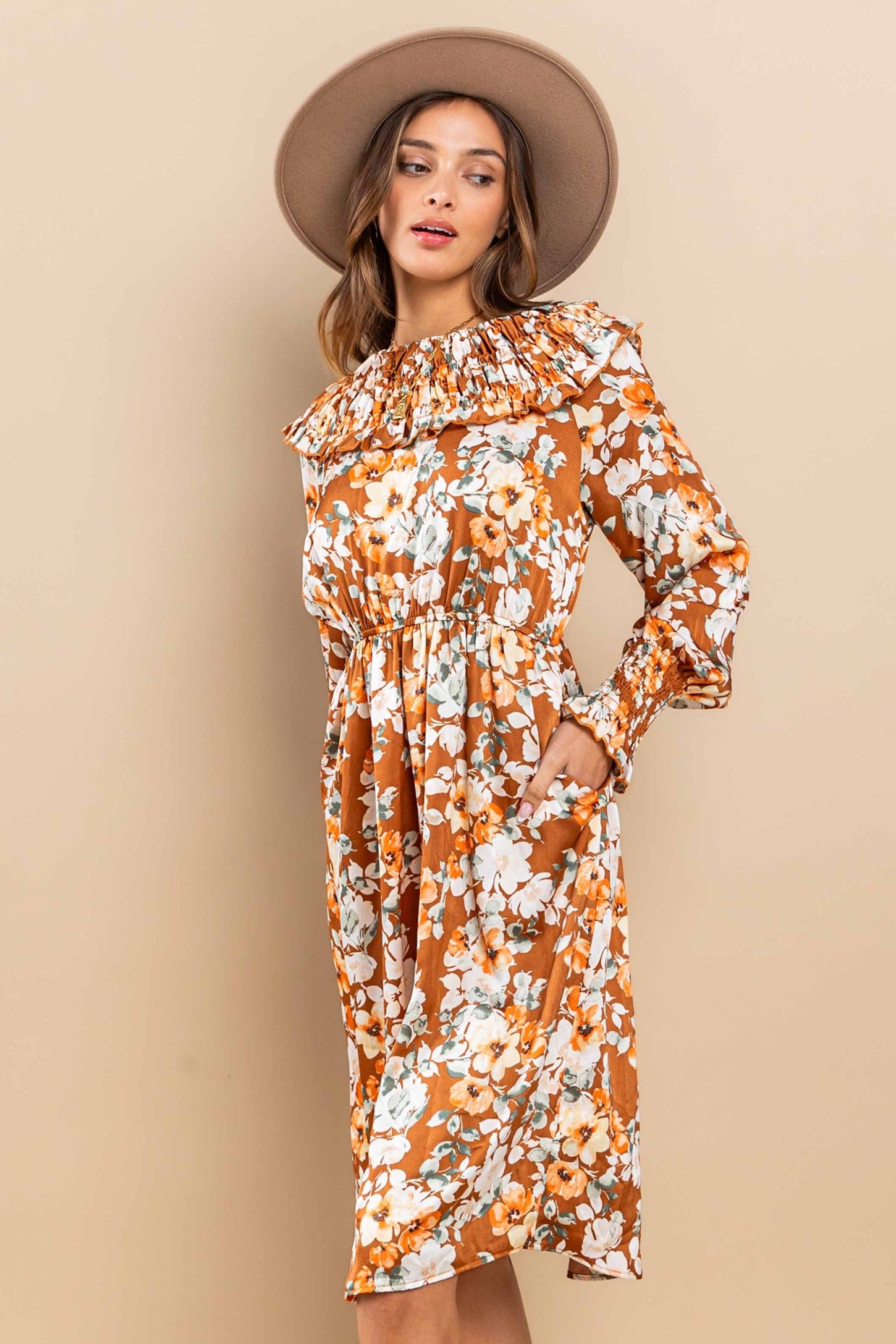 Mocha Floral Printed Ruffled Midi Dress