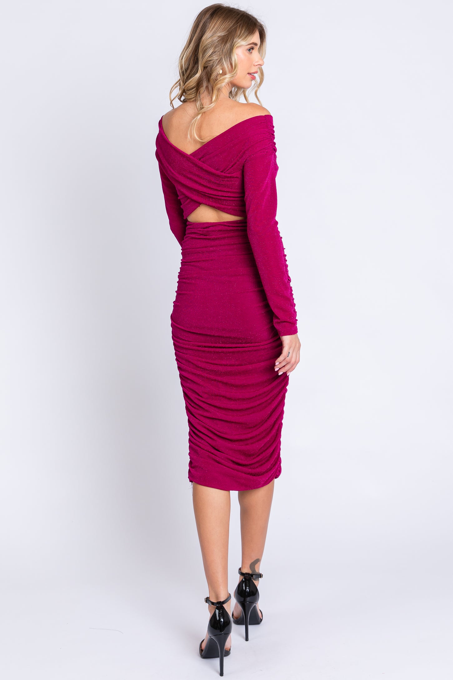 Magenta Off Shoulder Glitter Ruched Midi Dress