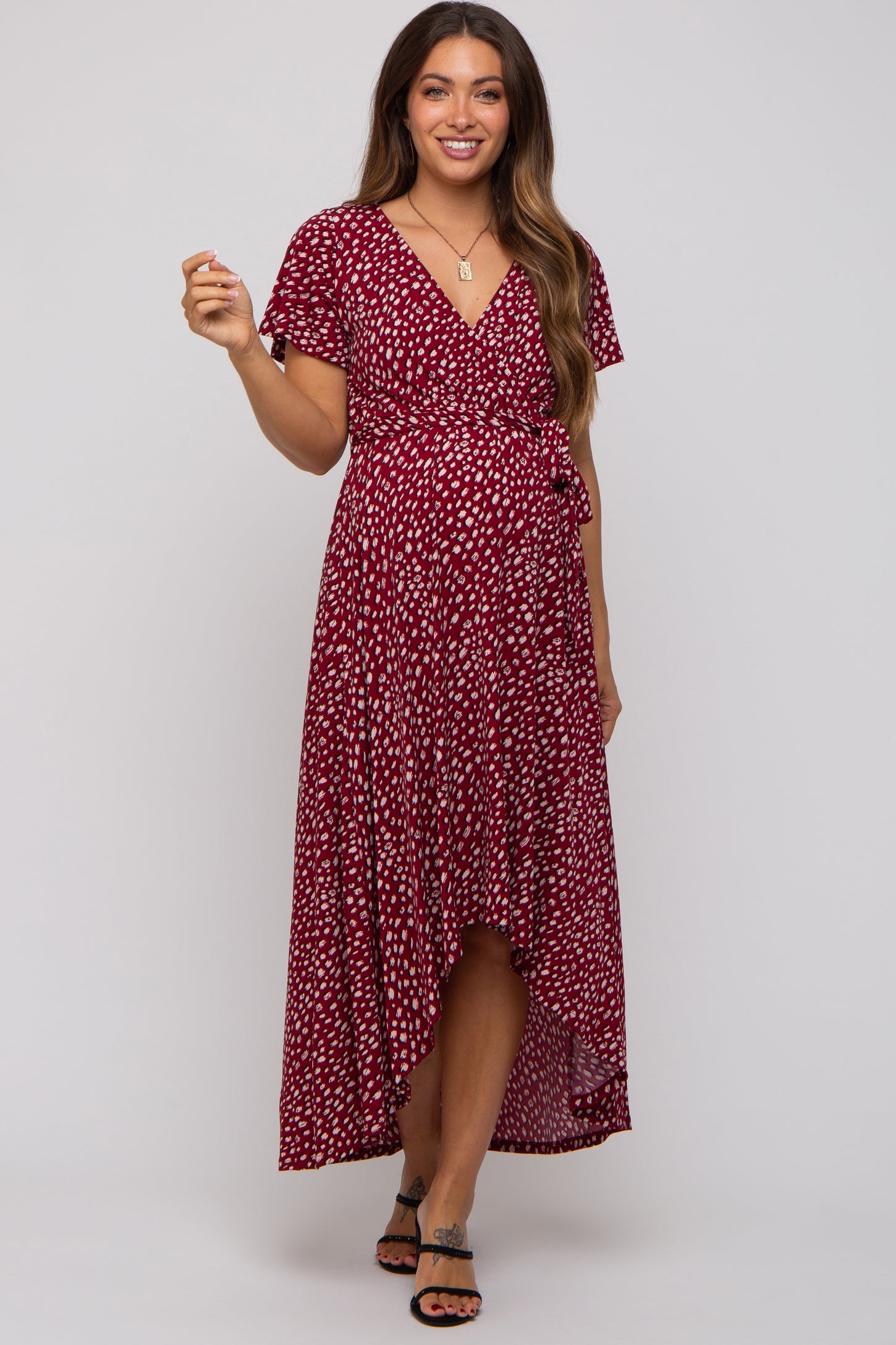 Burgundy Printed High-Low Hem Maternity Wrap Dress