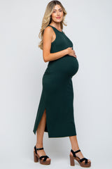 Forest Green Ribbed Maternity Side Slit Tank Dress