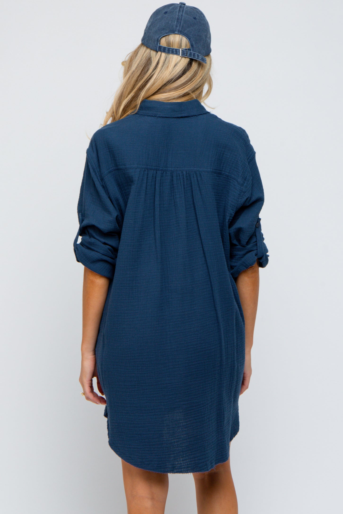 Navy Blue Gauze Button Down Maternity Dress