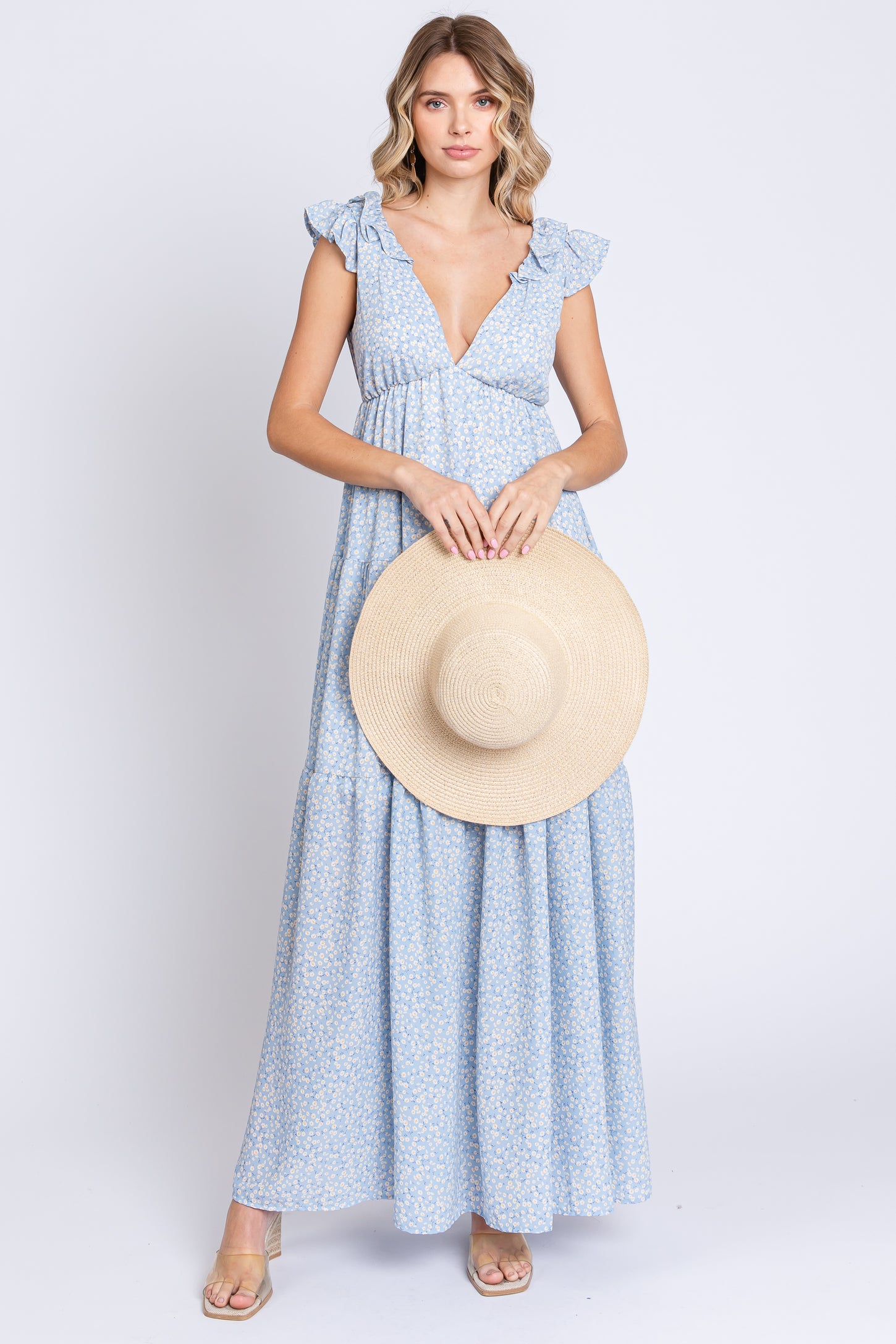 Light Blue Floral Deep V-Neck Tiered Maxi Dress