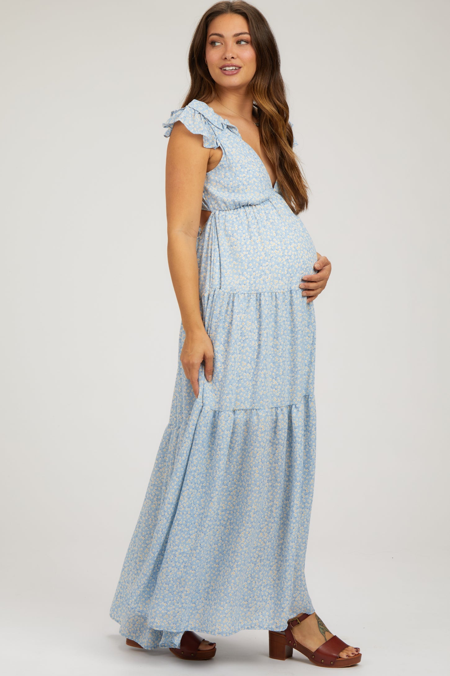 Light Blue Floral Deep V-Neck Tiered Maternity Maxi Dress – PinkBlush