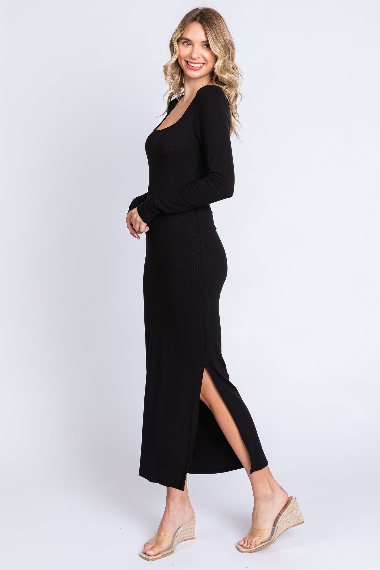 Black Ribbed Side Slit Midi Dress – PinkBlush