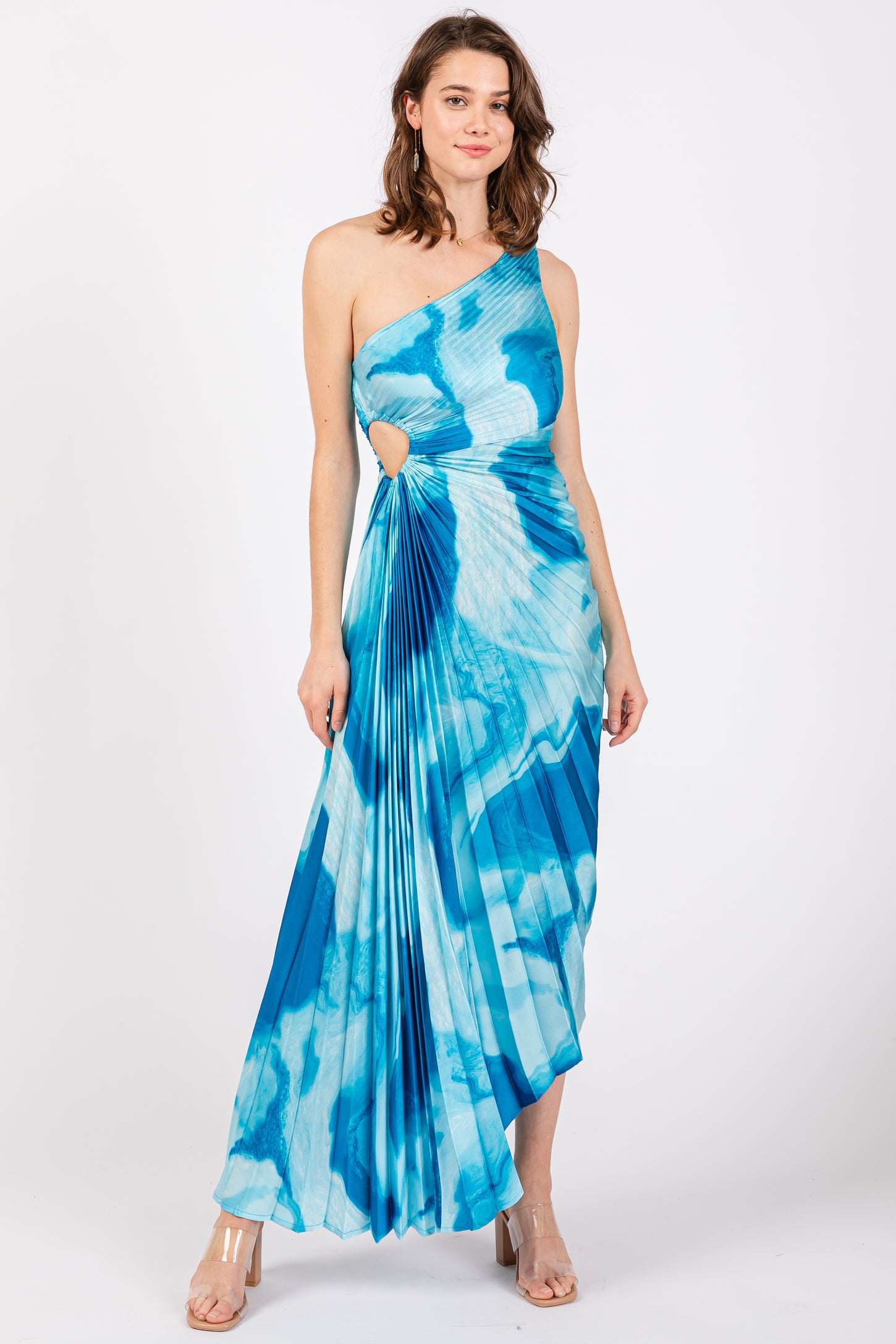 Blue Watercolor Satin Pleated One-Shoulder Asymmetrical Midi Dress PinkBlush Blue Watercolor Satin Pleated One-Shoulder Asymmetrical Midi Dress PinkBlush