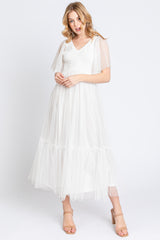 White Dotted Tulle Smocked Midi Dress
