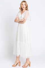 White Dotted Tulle Smocked Midi Dress