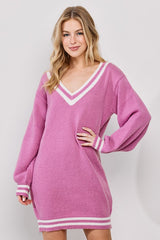 Mauve Oversized Varsity Striped V-Neck Sweater Dress