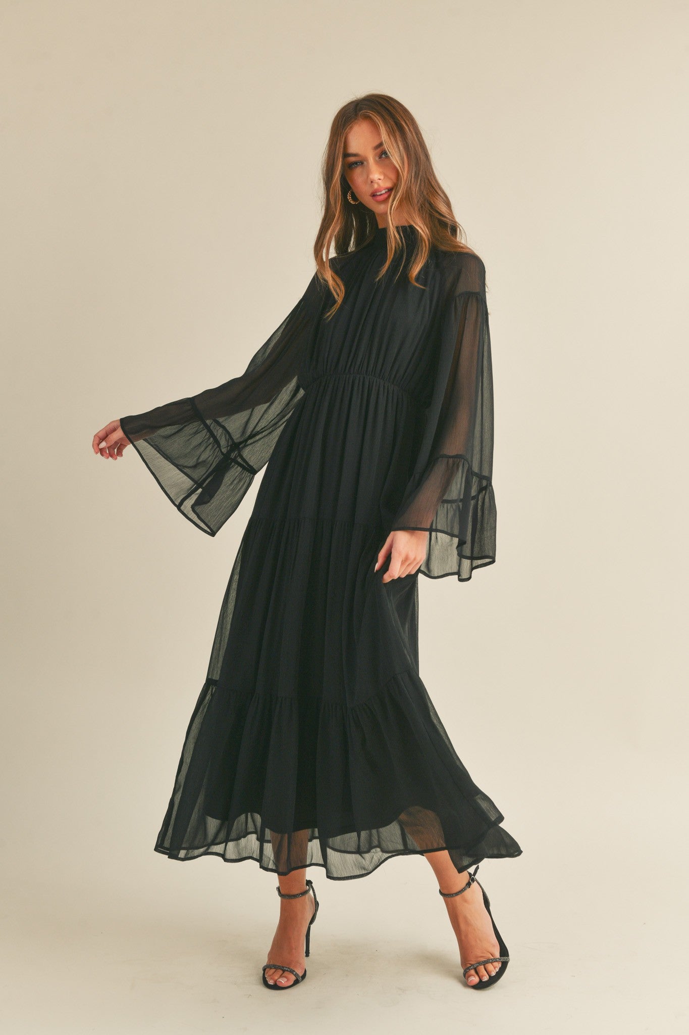 Black Mock Neck Tiered Midi Dress PinkBlush Black Mock Neck Tiered Midi Dress PinkBlush