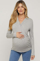 Heather Grey Long Sleeve Wrap Maternity Nursing Top