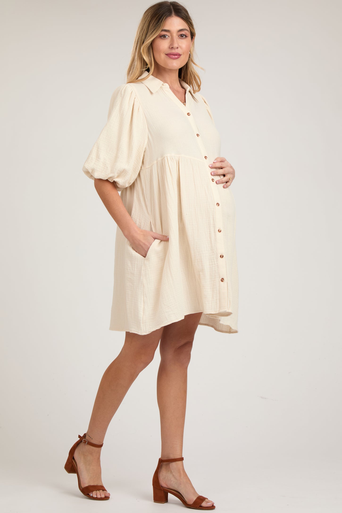 Cream Button Down Bubble Sleeve Collared Maternity Dress – PinkBlush Cream Button Down Bubble Sleeve Collared Maternity Dress – PinkBlush