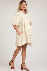 Cream Button Down Bubble Sleeve Collared Maternity Dress