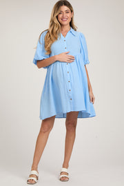 Light Blue Button Down Bubble Sleeve Collared Maternity Dress