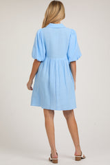 Light Blue Button Down Bubble Sleeve Collared Maternity Dress