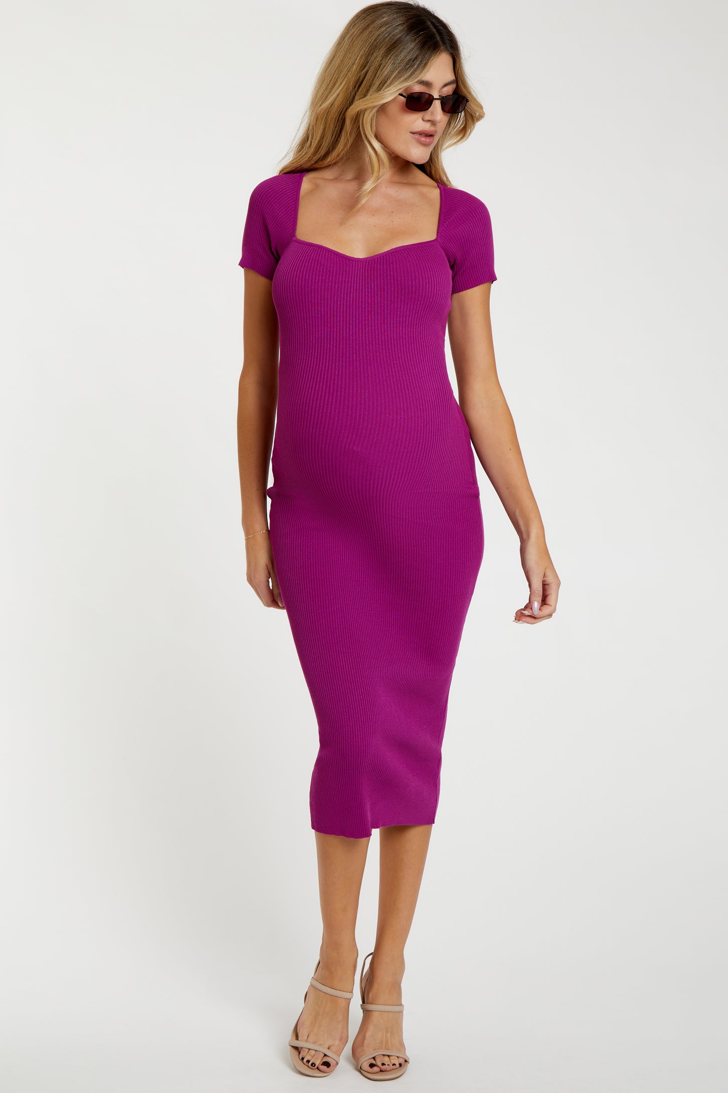 Magenta Ribbed Maternity Midi Dress