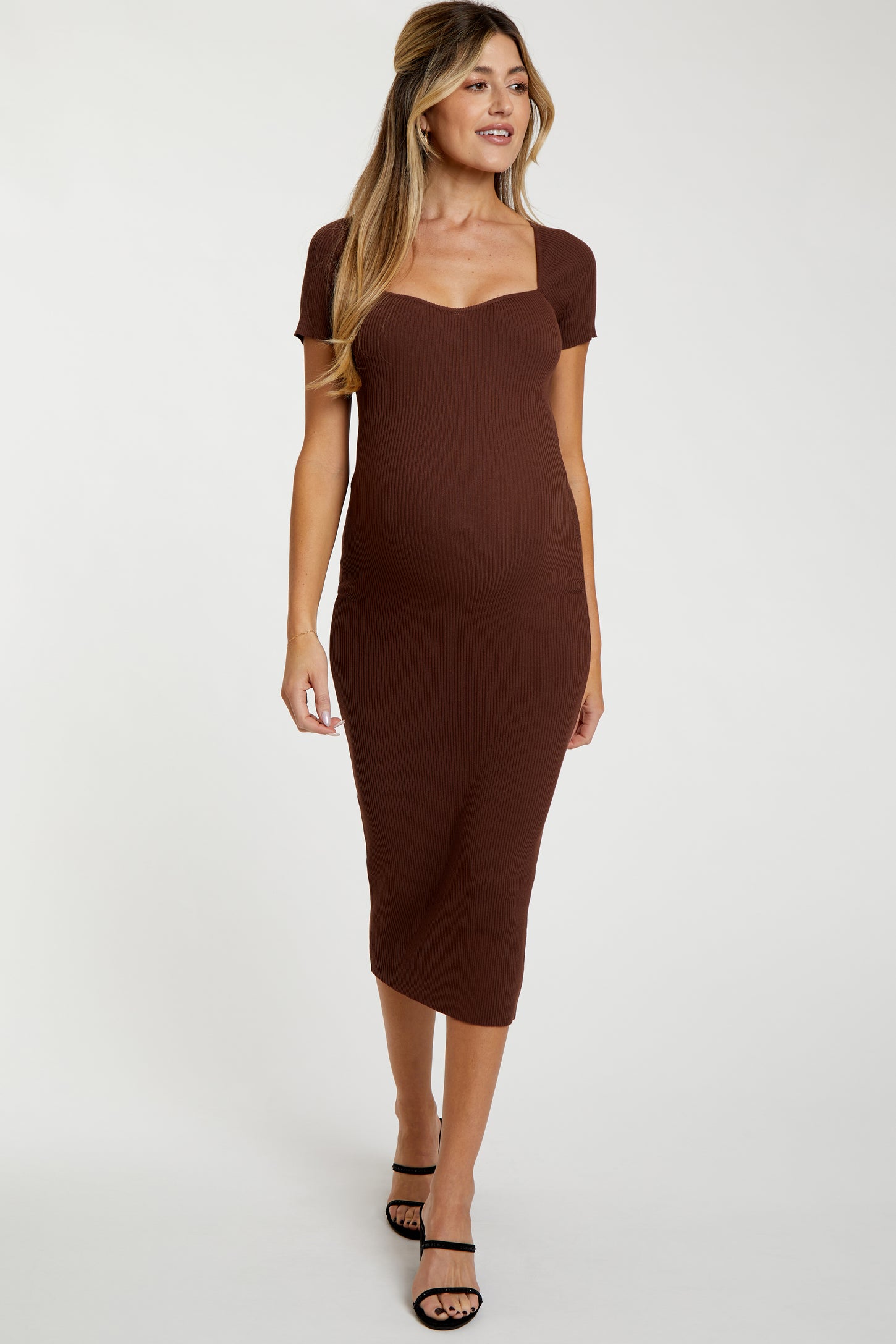 Brown Ribbed Maternity Midi Dress– PinkBlush