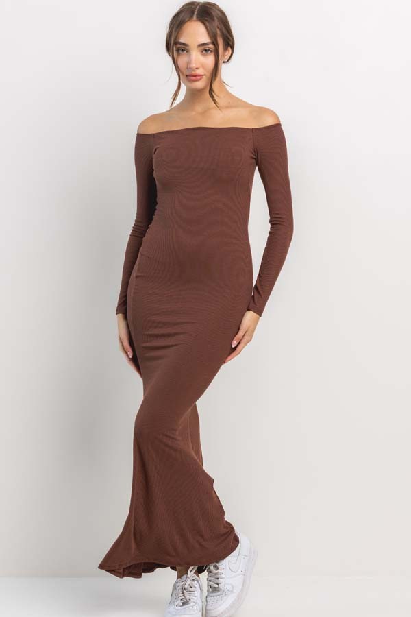 open lace back dress Brown Ribbed Off Shoulder Long Sleeve Maxi Dress – PinkBlush
