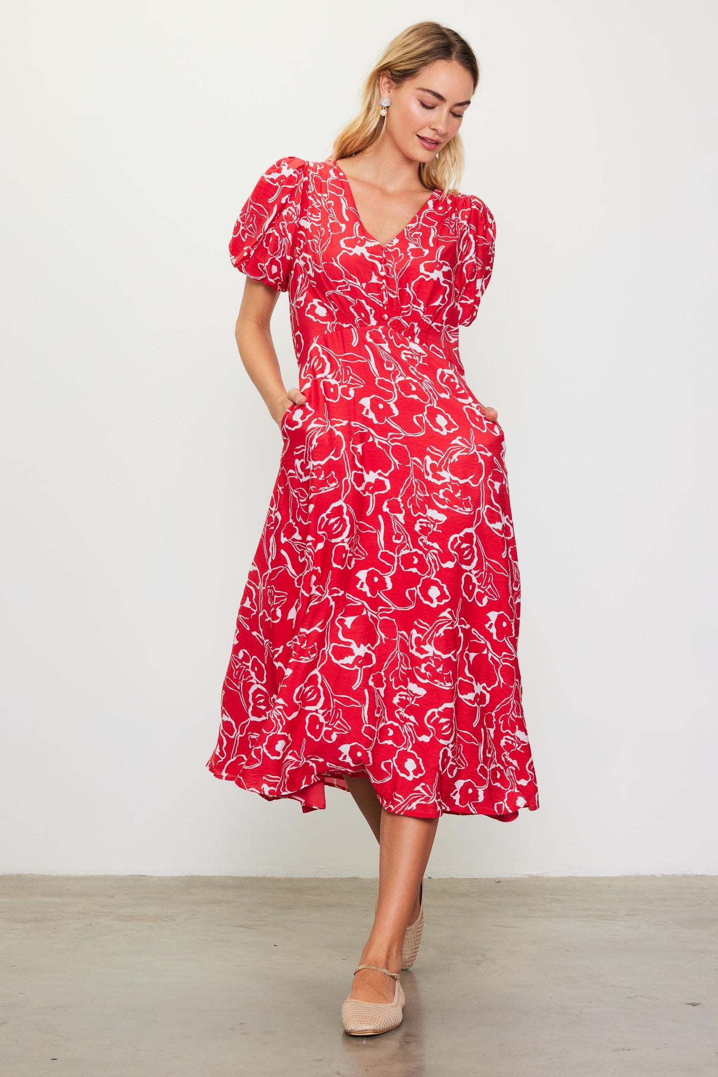 Red Floral Button Front Short Sleeve Midi Dress PinkBlush Red Floral Button Front Short Sleeve Midi Dress PinkBlush