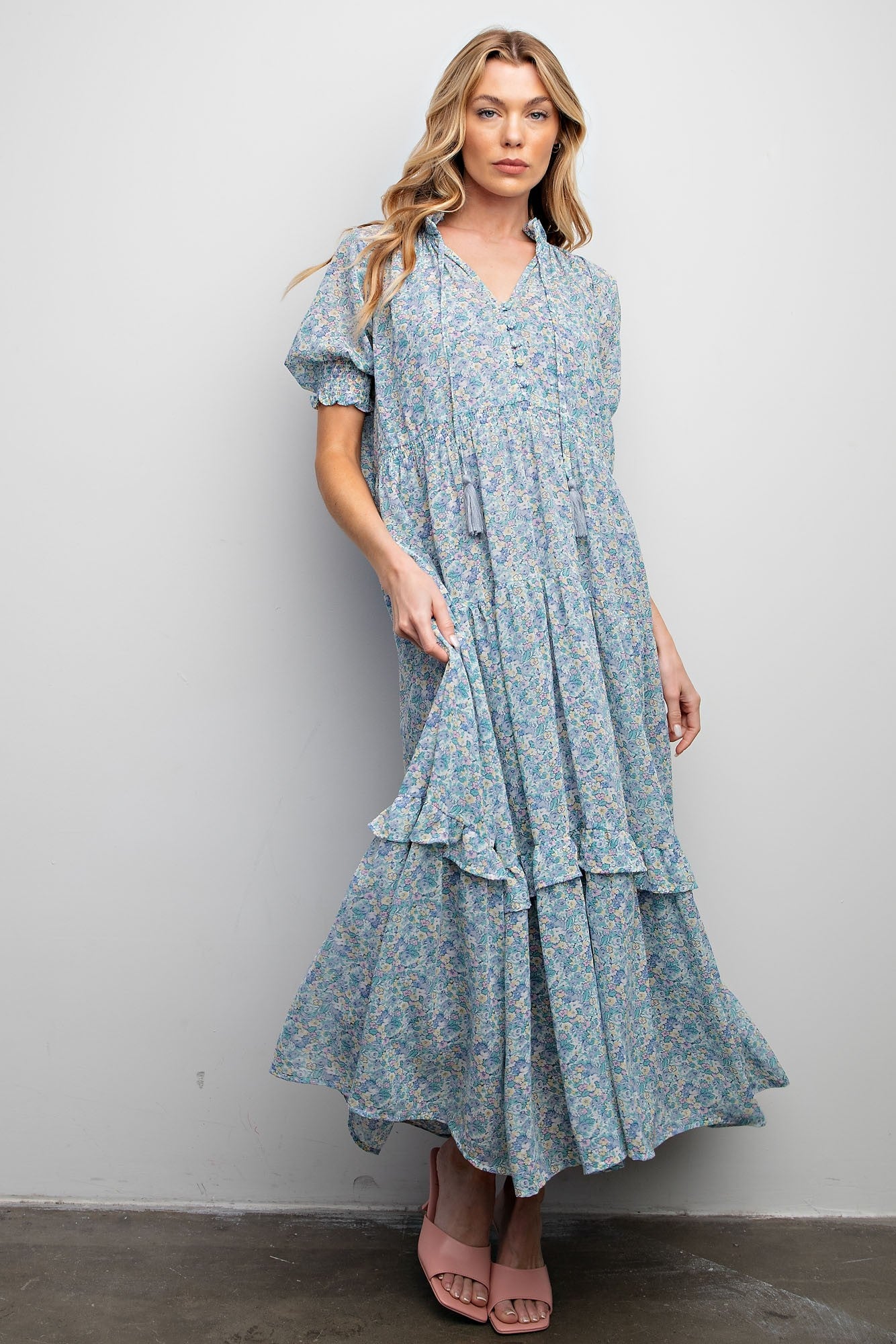 Cream Floral Chiffon Button Front Tiered Midi Dress PinkBlush