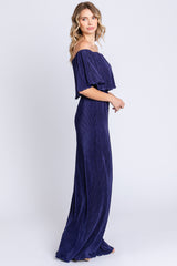 Navy Pleated Ruffle Off Shoulder Maxi Dress