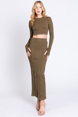 Olive Exposed Seams Top and Skirt Set
