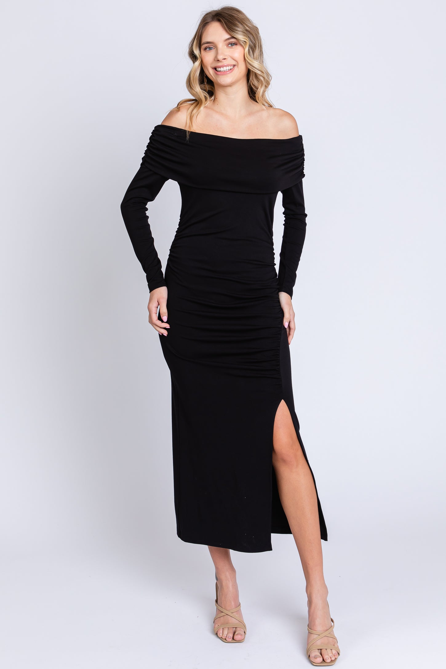 Black Foldover Off Shoulder Front Slit Midi Dress – PinkBlush