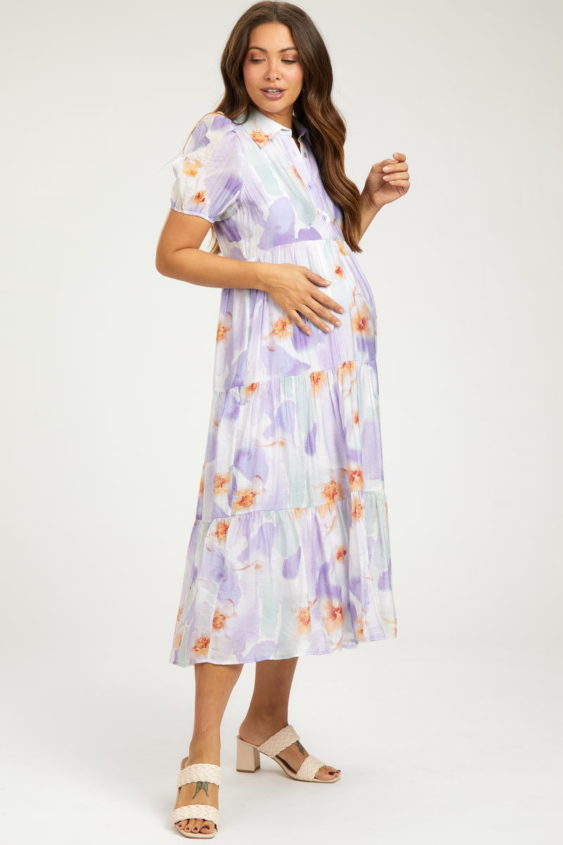 Lavender Floral Button Front Short Sleeve Tiered Maternity Midi Dress ...